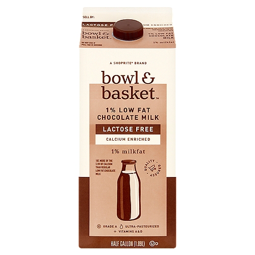 Bowl & Basket Lactose Free Calcium Enriched 1% Low Fat Chocolate Milk, half gallon
Calcium Increased from 20% DV to 30% DV Per Serving Compared to Regular 1% Low Fat Chocolate Milk.
