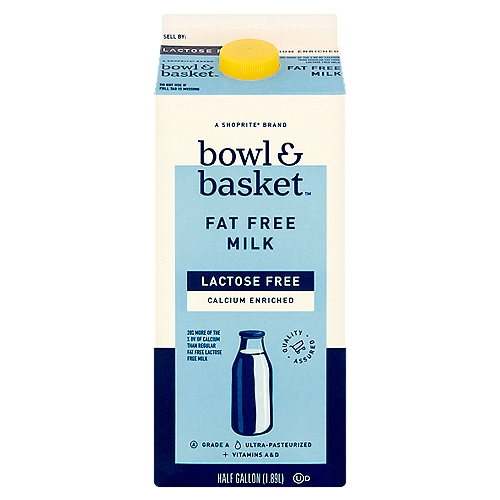 Bowl & Basket Lactose Free Calcium Enriched Fat Free Milk, half gallon
Calcium Increased from 25% DV to 45% DV Per Serving Compared to Regular Fat Free Lactose Free Milk.