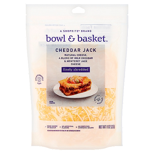 Bowl & Basket Finely Shredded Cheddar Jack Cheese, 8 oz
Natural Cheese, a Blend of Mild Cheddar & Monterey Jack Cheese