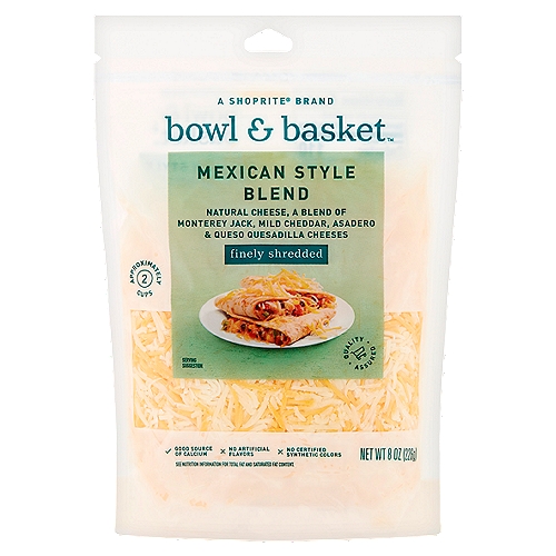 Bowl & Basket Finely Shredded Mexican Style Blend Cheese, 8 oz
Natural Cheese, a Blend of Monterey Jack, Mild Cheddar, Asadero & Queso Quesadilla Cheeses