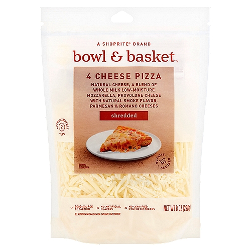 Bowl & Basket Shredded 4 Cheese Pizza, 8 oz
Natural Cheese, a Blend of Whole Milk Low-Moisture Mozzarella, Provolone Cheese with Natural Smoke Flavor, Parmesan & Romano Cheeses