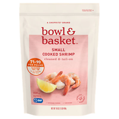 Bowl & Basket Cleaned & Tail-On Cooked Shrimp, Small, 71-90 shrimp per bag, 16 oz, 1 Pound