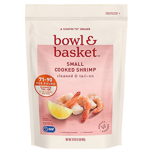 Bowl & Basket Cleaned & Tail-On Cooked Shrimp, Small, 71-90 shrimp per bag, 16 oz