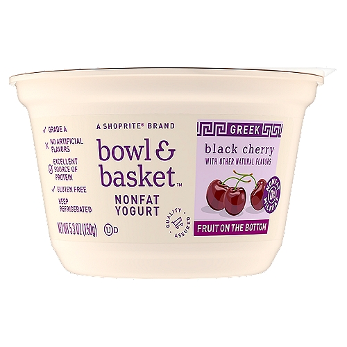 Bowl & Basket Fruit on the Bottom Greek Black Cherry Nonfat Yogurt, 5.3 oz
Contains Live and Active Cultures: S. Thermophilus, L. Bulgaricus, L. Acidophilus, Bifidus and L. Casei.