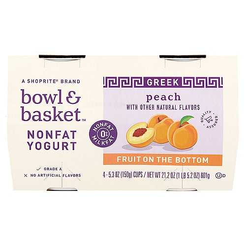 Bowl & Basket Fruit on the Bottom Greek Peach Nonfat Yogurt, 5.3 oz, 4 count
Contains Live and Active Cultures: S. Thermophilus, L. Bulgaricus, L. Acidophilus, Bifidus and L. Casei.