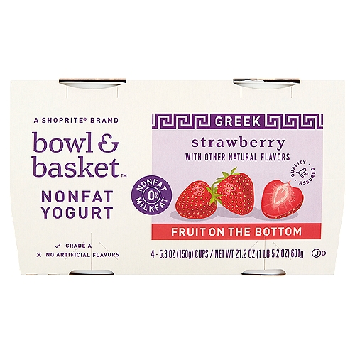 Bowl & Basket Fruit on the Bottom Greek Strawberry Nonfat Yogurt, 5.3 oz, 4 count
Contains Live and Active Cultures: S. Thermophilus, L. Bulgaricus, L. Acidophilus, Bifidus and L. Casei.