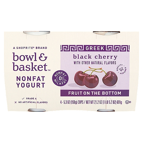 Bowl & Basket Fruit on the Bottom Greek Black Cherry Nonfat Yogurt, 5.3 oz, 4 count
Contains Live and Active Cultures: S. Thermophilus, L. Bulgaricus, L. Acidophilus, Bifidus and L. Casei.