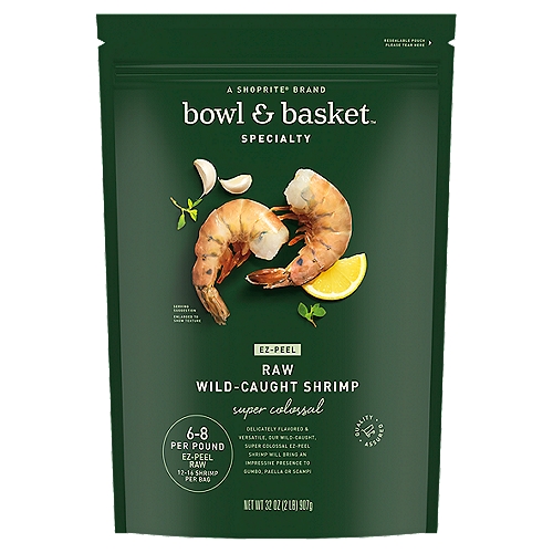 Bowl & Basket Specialty EZ-Peel Raw Wild-Caught Shrimp, Super Colossal, 12-16 shrimp per bag, 32 oz
Delicately Flavored & Versatile, Our Wild-Caught, Super Colossal EZ-Peel Shrimp Will Bring an Impressive Presence to Gumbo, Paella or Scampi