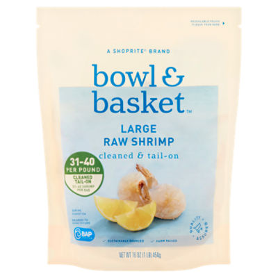 Bowl & Basket Cleaned & Tail-On Raw Shrimp, Large, 31-40 shrimp per bag, 16 oz, 1 Pound