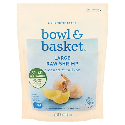 Bowl & Basket Cleaned & Tail-On Raw Shrimp, Large, 31-40 shrimp per bag, 16 oz