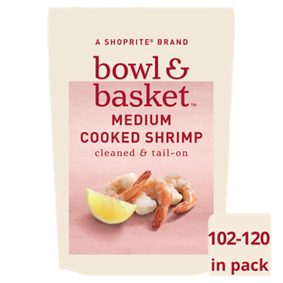 Bowl & Basket Cleaned & Tail-On Cooked Shrimp, Medium, 102-120 shrimp per bag, 32 oz, 2 Pound
