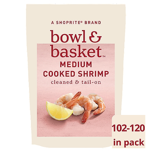 Bowl & Basket Cleaned & Tail-On Cooked Shrimp, Medium, 102-120 shrimp per bag, 32 oz