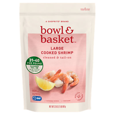 Bowl & Basket Cleaned & Tail-On Cooked Shrimp, Large, 62-80 shrimp per bag, 32 oz, 2 Pound