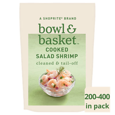 Bowl & Basket Cleaned & Tail-Off Cooked Salad Shrimp, 200-400 shrimp per bag, 32 oz, 2 Pound