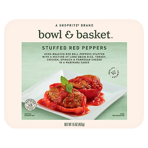 Bowl & Basket Stuffed Red Peppers, 15 oz
Oven-Roasted Red Bell Peppers Stuffed with a Mixture of Long Grain Rice, Turkey, Chicken, Spinach & Parmesan Cheese in a Marinara Sauce