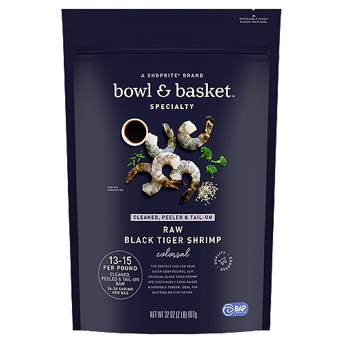 Bowl & Basket Specialty Raw Black Tiger Shrimp, Colossal, 26-30 shrimp per bag, 32 oz
The Perfect Size for Your Quick-Cook Recipes, Our Colossal Black Tiger Shrimp are Sustainably Farm-Raised & Superbly Tender. Ideal for Sautéing or Stir-Frying.