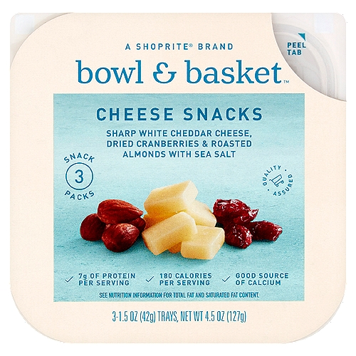 Bowl & Basket Cheese Snacks:White Cheddar Cheese, Dried Cranberries, Roasted Almonds,1.5 oz, 3 count
Sharp White Cheddar Cheese, Dried Cranberries & Roasted Almonds with Sea Salt