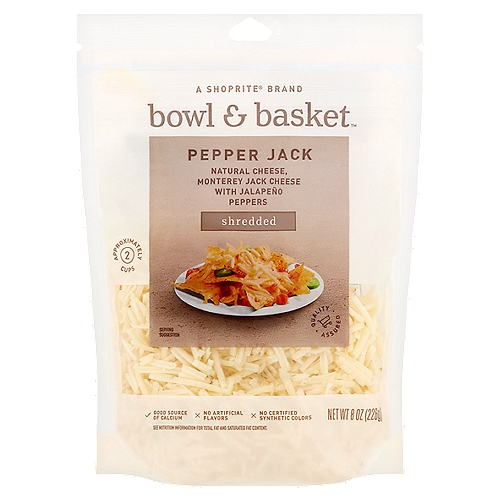 Bowl & Basket Shredded Pepper Jack Cheese, 8 oz
Natural Cheese, Monterey Jack Cheese with Jalapeño Peppers