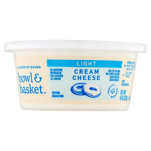 Bowl & Basket Light Cream Cheese, 8 oz
From Cows Not Treated with rBST†
†No Significant Difference Has Been Shown Between Milk Derived from rBST Treated and Non-rBST Treated Cows.

Light: 60 Calories, 5g Fat. Regular Cream Cheese: 100 Calories, 10g Fat per Serving