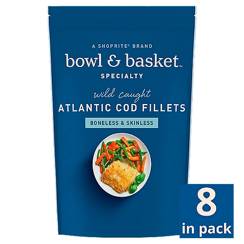 Bowl & Basket Specialty Wild Caught Boneless & Skinless Atlantic Cod Fillets, 8 count, 32 oz
A Dense & Flaky White Fish with Mild Flavor, that Is Excellent with Any Crunchy Coating