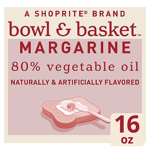 Bowl & Basket 80% Vegetable Oil Margarine, 4 count, 16 oz
50% Less Saturated Fat than Butter†
†Leading Butter Contains 7g of Saturated Fat per Serving. Bowl & Basket Margarine Contains 3g of Saturated Fat per Serving.