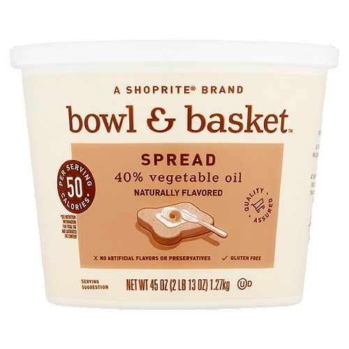 Bowl & Basket 40% Vegetable Oil Spread, 45 oz
50 Calorie per Serving *
*See Nutrition Information for Total Fat and Saturated Fat Content