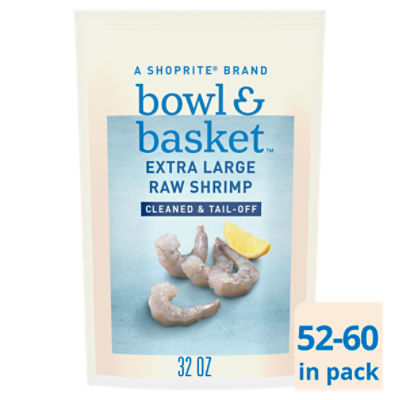 Bowl & Basket Cleaned & Tail-off Extra Large Raw Shrimp, 52-60 shrimp per bag, 32 oz, 32 Ounce