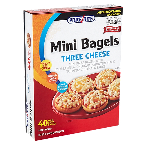 Price Rite Three Cheese Mini Bagels, 40 count, 31.1 oz
Mini Pizza Bagels with Mozzarella, Cheddar & Monterey Jack Toppings & Tomato Sauce