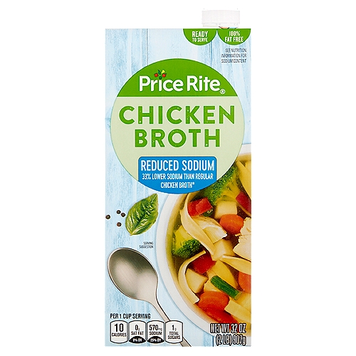 Price Rite Reduced Sodium Chicken Broth, 32 oz
33% lower sodium than regular chicken broth*
*Sodium reduced from 860mg to 570mg per serving compared to our regular chicken broth.