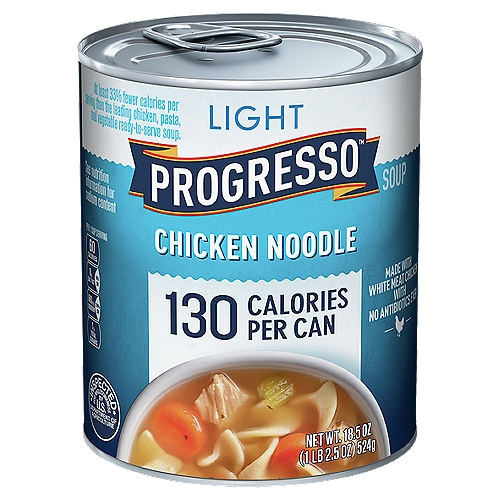 Progresso Light Chicken Noodle Soup, 18.5 oz
At least 33% fewer calories per serving than the leading chicken, pasta, and vegetable ready-to-serve soup.

Progresso™ Light: 60 calories, 0.5g fat per serving. Leading chicken, pasta and vegetable ready-to-serve soups: 100 calories, 2.5g fat.