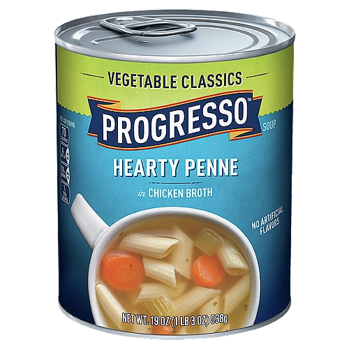 PROGRESSO Vegetable Classics Hearty Penne in Chicken Broth Soup, 19 oz
No MSG Added*
*Except that Which Occurs Naturally in Hydrolyzed Vegetable Proteins and Tomato Extract.