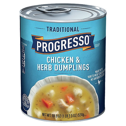 Progresso Traditional Chicken & Herb Dumplings Soup, 18.5 oz
No MSG added*
*Except that which occurs naturally in hydrolyzed corn proteins, and tomato extract.