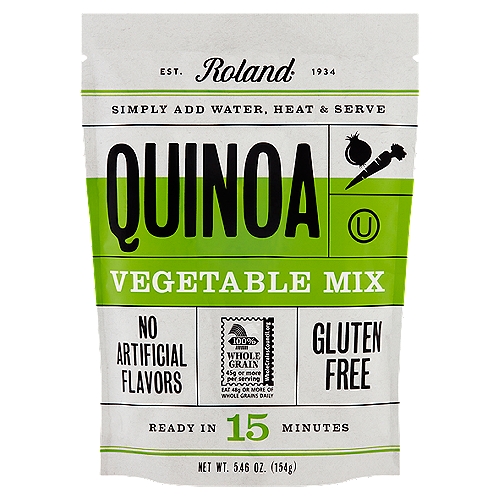 Roland Vegetable Mix Quinoa, 5.46 oz
Roland® Seasoned Quinoa is a delicious and convenient way to enjoy what is known as ''The Mother Grain''. Harvested for centuries high in the Andes Mountains of South America, Quinoa is a good source of protein and fiber. Our Quinoa can be enjoyed by itself or as a side dish to accompany any meal. Our Garden Vegetable Quinoa blends the flavors of carrots, onions, tomatoes, celery, garlic, and spices together for a savory combination. Try it alongside meat or seafood as a side dish for your next dinner!