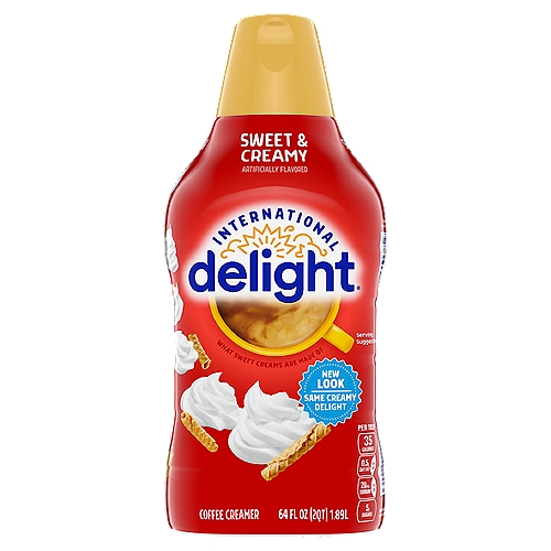 Wake up and smell the sweet life. New look, same creamy delight. International Delight Sweet & Creamy Coffee Creamer turns your cup of coffee into a cause for celebration. This creamer is both gluten- and lactose-free. It makes the perfect addition to any office or home. Surprise your coworkers or family with a bottle, and watch the room light up with delight.nFor over thirty years, International Delight has been making the world a tastier place, one cup of coffee at a time. Our coffee creamers come in over twenty different delicious flavors, including fat- and sugar-free varieties, and we now offer a wide selection of iced coffees, as well. We believe that there's an art to concocting the perfect cup of coffee, and we want every sip you take to be a masterpiece of flavor. Welcome to Creamer Nation.