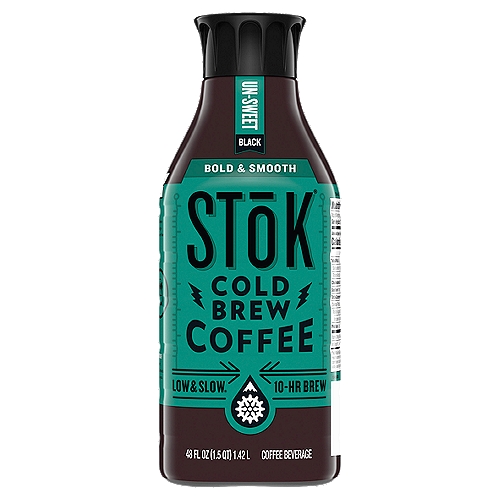 STōK Un-Sweet Black Cold Brew Coffee Beverage, 48 fl oz
Our smooth, bold, one-of-a-kind SToKness speak for itself. Enjoy your morning energy knowing it's mindfully made. With 145 milligrams of caffeine per serving, SToK Un-Sweet Black Cold Brew Coffee is a brilliant way to help keep you driven towards your goals.
Here at SToK, coffee is about more than just getting you up. It's about motivating you to move in the right direction, with your imagination as your guide. SToK cold brew coffee is deliciously smooth, brewed low and slow for at least ten hours to deliver our bold, one-of-a-kind SToKness. The result: inspiration in a bottle (figuratively, of course) that helps you jumpstart your day in the most majestic way. Wake up your dreams and master your craft with our crafted beverages. SToK: look at you go.Start your day off right with the electrifying taste of SToK Un-Sweet Black Cold Brew Coffee. We make this gourmet coffee without a drop of cream or sugar, letting our smooth, bold, one-of-a-kind SToKness speak for itself. 