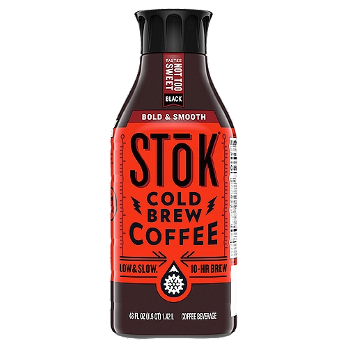 STōK Not Too Sweet Black Cold Brew Coffee, 48 fl oz
Coffee Beverage

More Beans
We brew our responsibly sourced Arabica-based blend using a higher ratio of coffee beans to water than typical hot brewing.

Time & Patience, not Heat
Hot brewing forces the flavor from the bean. But cold brew takes its sweet time. So we steep for at least 10 hours at lower temperatures to bring out every drop of smooth, bold, one-of-a-kind Stokness.

Great Coffee Speaks for Itself
We've got nothing against a little sweetness or flavor. But when you taste Stok®, you taste coffee. Really amazing coffee. And that's on purpose.