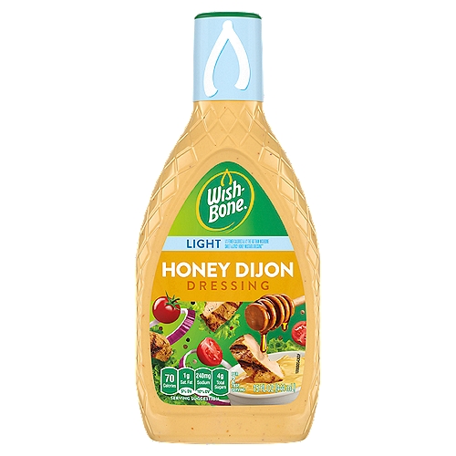 Wish-Bone Light Honey Dijon Dressing, 15 fl oz
1/3 Fewer Calories & 1/2 The Fat Train Wishbone Sweet & Spicy Honey Mustard Dressing**
**Per Serving
This Product; Calories: 70; Fat: 5g
Wishbone Sweet & Spicy Honey Mustard; Calories: 130; Fat 5g

All The Flavor Wish For
Sacrifice calories, not flavor, with this sweet & savory punch in the taste buds made with real honey, Dijon mustard, and tangy cider vinegar.