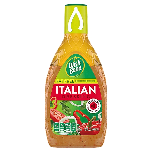 Wish-Bone Fat Free Italian Dressing, 15 fl oz
#1 Italian Dressing Brand†
†Based in part of Information Resources Inc.'s 

All the Flavor You Could Wish For
Sacrifice fat, not flavor, with this deliciously rich adaptation of our famous, old-world Italian dressing recipe.
