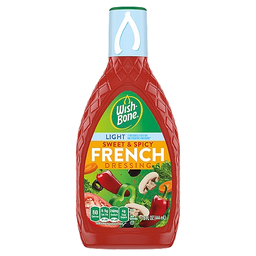 Wish-Bone Light Sweet & Spicy French Dressing, 15 fl oz
1/3 Fewer Calories & 1/2 the Fat than a Range of Regular Sweet French Dressings**
**per Serving
This Product: Calories: 60; Fat: 3.5g
Range of Regular Sweet French: Calories: 138; Fat: 12.6g

All the Flavor You Could Wish for
Sacrifice calories, not flavor, with this sweet and tangy alternative made with a pinch of brown sugar and a hint of paprika spice.