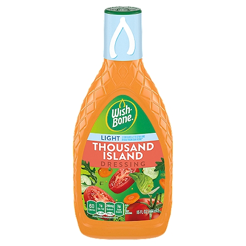 Wish-Bone Light Thousand Island Dressing, 15 fl oz
1/3 Fewer Calories & 1/2 the Fat than a Range of Regular Thousand Island Dressings**
**Per Serving
This Product: Calories: 60; Fat: 5g
Range of Regular Thousand Island: Calories: 132; Fat: 12g

All the Flavor You Could Wish for
Sacrifice calories, not flavor, with this adaptation of our best kept secret sauce made with ripe tomatoes, pickle relish and a tangy blend of spices.