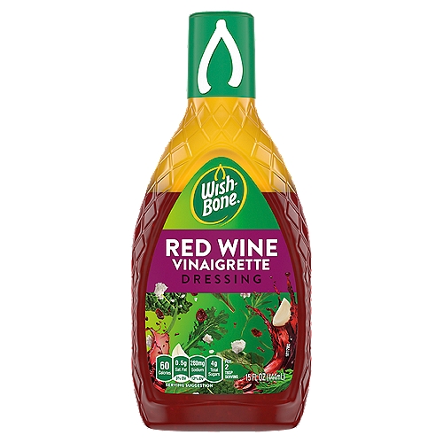 Wish-Bone Red Wine Vinaigrette Dressing, 15 fl oz
All the Flavor You Could Wish for 
This bright & refreshing vinaigrette is made with mellow red wine vinegar, a splash of cabernet sauvignon, and the perfect hint of garlic.