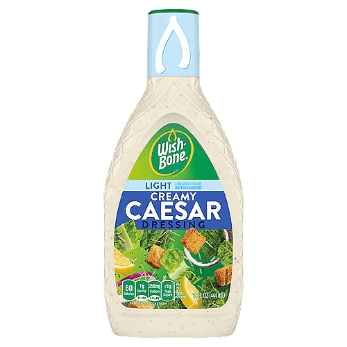 Wish-Bone Light Creamy Caesar Dressing, 15 fl oz
1/3 Fewer Calories & 1/2 the Fat than a Range of Regular Caesar Dressings**
**Per Serving
This Product: Calories 60; Fat 6g
Range of Regular Caesar: Calories 153; Fat 16g

All the Flavor You Could Wish For
Sacrifice calories, not flavor, with this adaptation made with real parmesan cheese and a blend of herbs & spices for that classic Caesar flavor.

Excellent Source of Omega-3 ALA***
*** Contains 380mg ALA per serving which is 23% of the 1.6g Daily Value for ALA