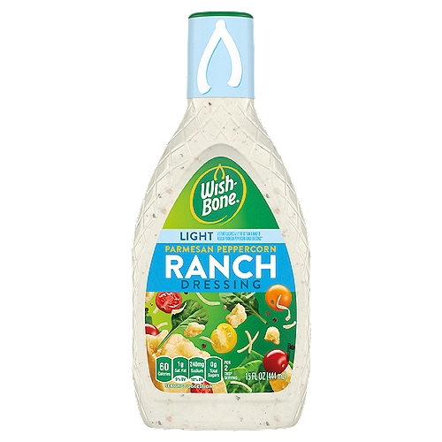 Wish-Bone Light Parmesan Peppercorn Ranch Dressing, 15 fl oz
All the Flavor You Could Wish for
This robust variation of our creamy ranch dressing includes an extra kick of black pepper and a blend of parmesan and romano cheeses.

 1/3 Fewer Calories & 1/2 the Fat than a Range of Regular Parmesan Peppercorn Ranch Dressing**
**Per Serving
This Product: Calories 60; Fat 5g
Range of Regular Parmesan Peppercorn Ranch: Calories 136; Fat 13.6g

Excellent Source of Omega-3 ALA***
***Contains 360mg ALA per serving which is 22% of the 1.6g daily value for ALA