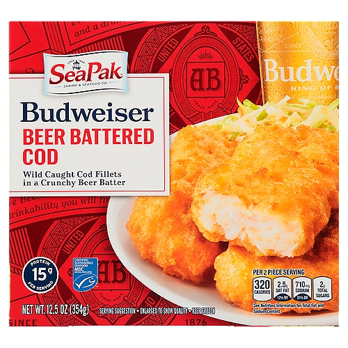 SeaPak Budweiser Beer Battered Cod, 12.5 oz
Wild Caught Cod Fillets in a Crunchy Beer Batter

Taste the Budweiser® Difference
Like the famous Budweiser® lager beer, this genuine line of seafood contains only the finest ingredients for a truly exceptional taste experience. SeaPak Executive Chefs, in conjunction with Budweiser® Brewmasters, have perfected this recipe, assuring you that your dinner experience is the best it can be. Taste the difference!