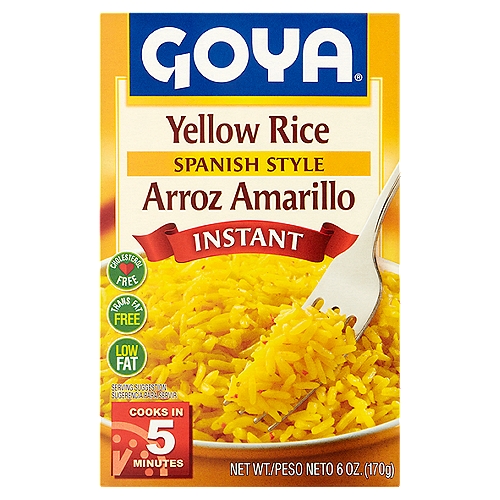 Goya Spanish Style Instant Yellow Rice, 6 oz
A great Spanish classic is only 5 minutes away! Goya® Instant Yellow Rice starts with precooked long-grain rice, seasoned with a blend of bell pepper, onion, garlic, and rich chicken flavor. Goya® Instant Yellow Rice makes a deliciously easy side dish for all kinds of meat and poultry. Mix in a few fixings and it transforms into a hearty main dish.
Goya® Instant Yellow Rice: Authentic, homemade taste...but ready when you are!