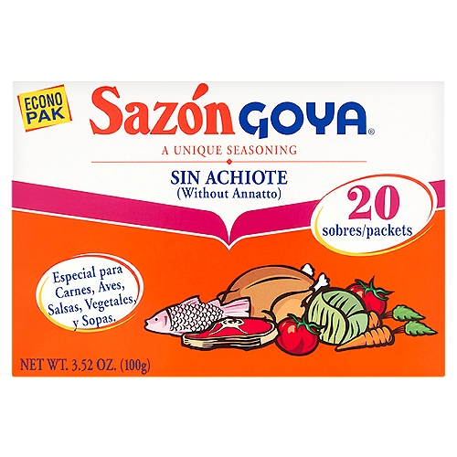 Inside this box you'll find what good cooks have always dreamed of, an absolutely fool proof way to make everything taste not just good, or even great, but sensational - every time. It's Sazón Goya, a special mix of seasonings from Goya. A little magic in little foil packets.nnThis product will add more flavor to your food.nnPut more flavor into your dishes with Sazón Goya...nJust cook the way you always cook, the same recipes, the same seasoning, changing nothing. Except: for every 4 people your recipe serves, just add one packet of Sazón Goya. Two packets for a dish for 8. You'll wonder how you ever did without it. Use it for meats, stews, soups, poultry, pasta, rice, beans, vegetables - everything.