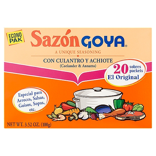 Inside this box you'll find what good cooks have always dreamed of, an absolutely fool proof way to make everything taste not just good, or even great, but sensational - every time. It's Sazón Goya, a special mix of seasonings from Goya. A little magic in little foil packets.nnThis product will add more flavor and color to your food.nnPut more flavor into your dishes with Sazón Goya...nJust cook the way you always cook, the same recipes, the same seasoning, changing nothing. Except: for every 4 people your recipe serves, just add one packet of Sazón Goya. Two packets for a dish for 8. You'll wonder how you ever did without it. Use it for meats, stews, soups, poultry, pasta, rice, beans, vegetables - everything.