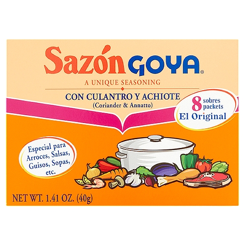 Sazón Goya Coriander & Annatto Seasoning, 8 count, 1.41 oz
Inside this box you'll find what good cooks have always dreamed of, an absolutely fool proof way to make everything taste not just good, or even great, but sensational - every time. It's Sazón Goya, a special mix of seasoning from Goya. A little magic in little foil packets.

This product will add more flavor and color to your food.

Put more flavor into your dishes with Sazón Goya...
Just cook the way you always cook, the same recipes, the same seasoning, changing nothing. Except: for every 4 people your recipe serves, just add one packet of Sazón Goya. Two packets for a dish for 8. You'll wonder how you ever did without it. Use it for meats, stews, soups, poultry, pasta, rice, beans, vegetables - everything.