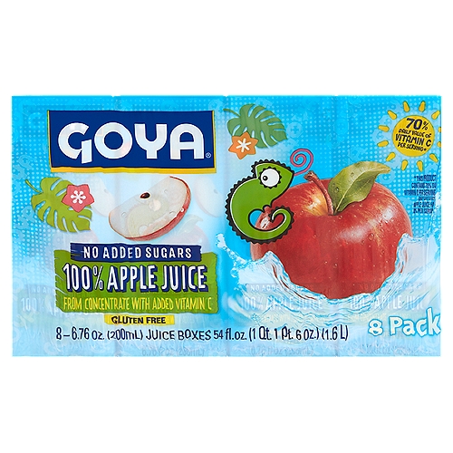 Goya 100% Apple Juice, 6.76 oz, 8 count
70% Daily Value of Vitamin C Per Serving*
*This Product Contains 70% DV Vitamin C Per Serving Unfortified Apple Juice Has 0% Per Serving.

Love Apple? Choose this familiar kid's favorite.
Goya® Apple Juice is Refreshing and Delicious!