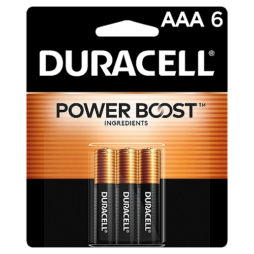 DURACELL Power Boost AAA Alkaline Batteries, 6 count
Duracell Coppertop AAA batteries with POWER BOOST Ingredients deliver dependable power to your everyday devices throughout the home, like toys, remote controls, flashlights, calculators, clocks and radios, wireless mice, keyboards, and more. With a guarantee of 12 years in storage, you can rest assured they'll be ready when you need them. Duracell guarantees these batteries against defects in material and workmanship. From storm season to holiday needs, Duracell is the #1 trusted battery brand for the moments that matter most.  

FORMULATED WITH POWER BOOST INGREDIENTS: Duracell Coppertop AAA alkaline batteries contain Duracell’s patented POWER BOOST Ingredients which deliver lasting performance in your devices  
GUARANTEED FOR 12 YEARS IN STORAGE: Duracell guarantees each Coppertop AAA alkaline battery to last 12 years in storage, so you can be confident these batteries will be ready when you need them  
DEPENDABLE POWER: Duracell Coppertop AAA batteries are made to power everyday devices throughout the home, like TV and gaming remotes, cameras, flashlights, toys, and more  
#1 TRUSTED BATTERY BRAND: From storm prep to holiday needs, Duracell is the #1 trusted battery brand for the moments that matter most  
QUALITY ASSURANCE: With Duracell batteries, quality is assured; every Duracell product is guaranteed against defects in material and workmanship 